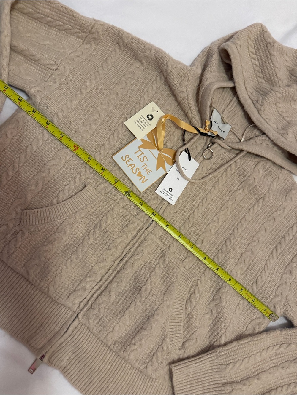Pink Rose Cable Knit Hooded Zip Cardigan - Beige - Picture 4 of 7